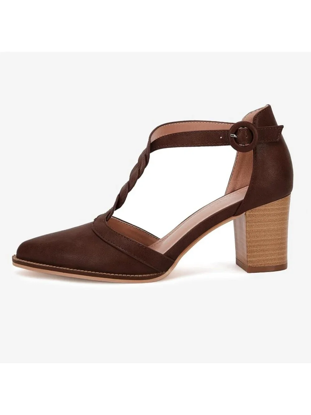 Women's Dark Brown Chunky Heels T Strap Pointed Toe Stacked Heeled Sandals Pumps